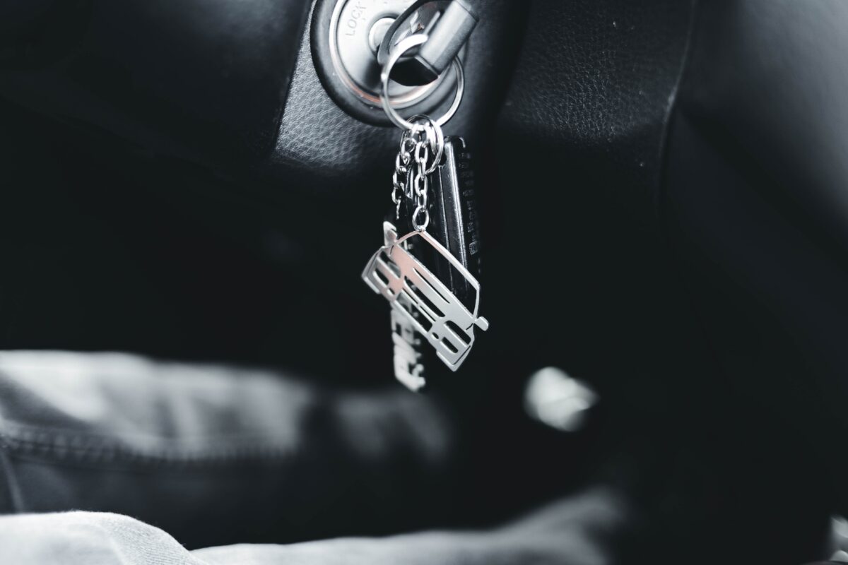 Keys in the car, attached to a silver-colored keychain